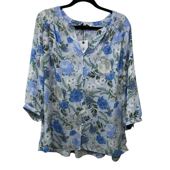 Rose + Olive Tops - New Rose & Olive Blue Floral Smocked V Neck Button Front 1X Blouse Top Cottage
